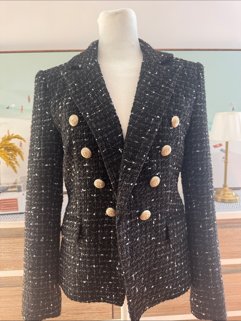 Generation Love Black Tweed Double-Breasted Blazer with Gold Buttons